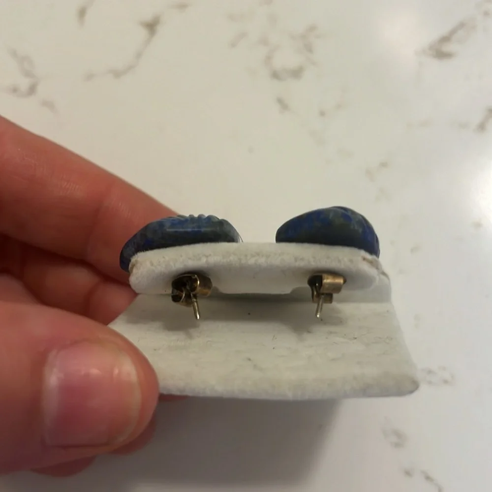 VTG Carved Antique Blue Lapis Earrings with Sterling Silver Posts - Picture 4 of 5